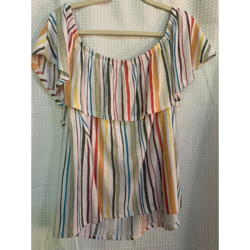 Torrid Womens Size 0 Multi Color Vertical Stripe Off Shoulder Ruffle Knit Top L - Picture 7 of 7